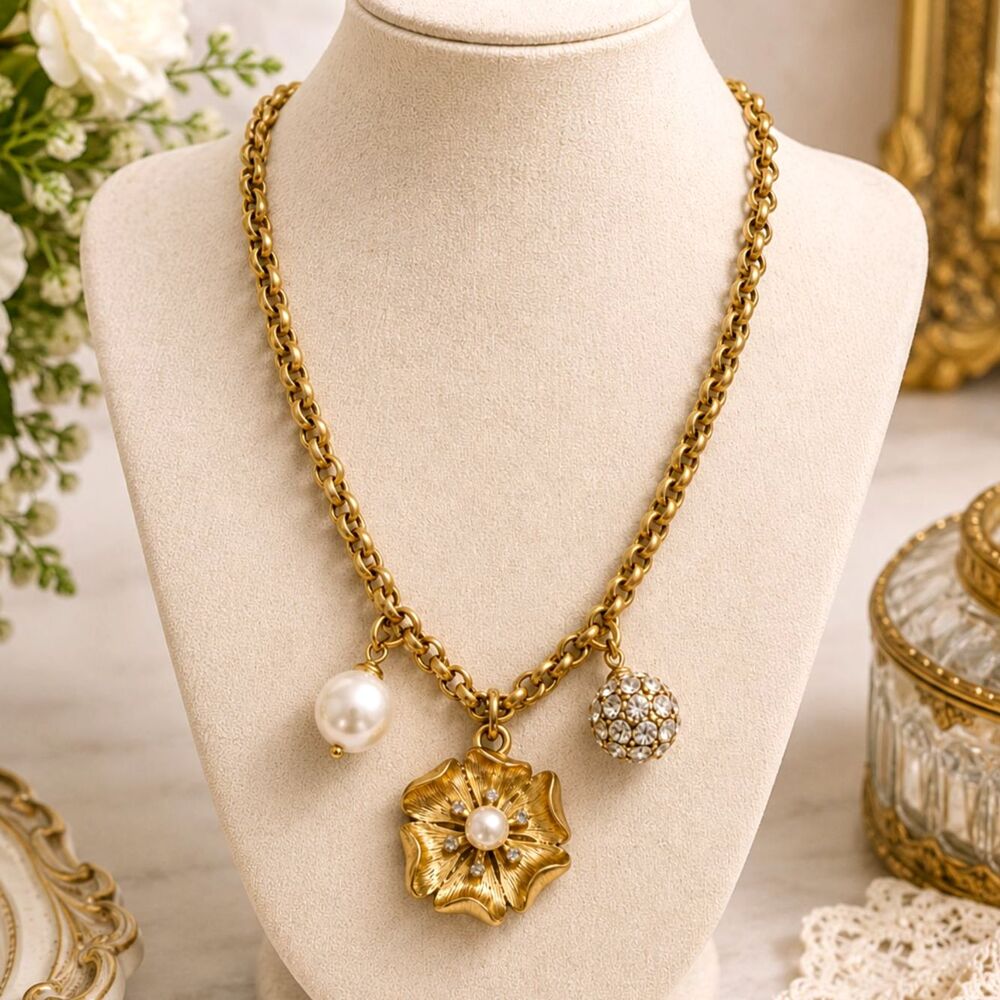 Stella & Dot Charm Necklace Matte Gold Rolo Link Pearl Flower Rhinestone 18"
